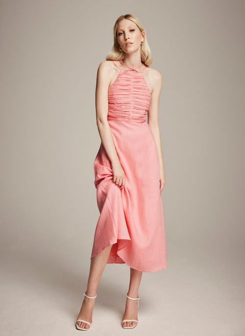 Pink Linen Cutout Midi Dress
