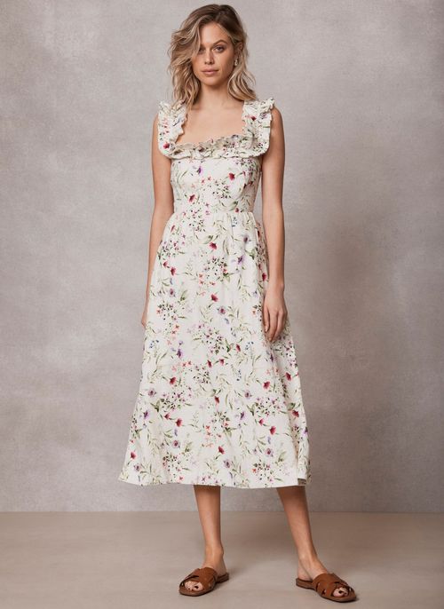 Neutral Linen Floral Midi...