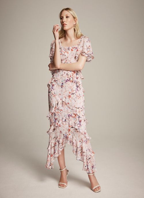 Nude Floral Ruffle Maxi Dress