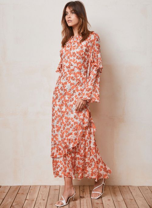 Orange Floral Print Ruffle...