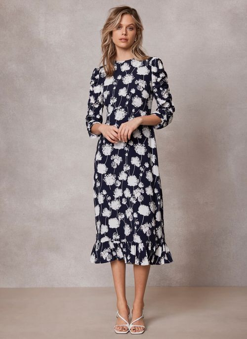 Navy Floral Ruffle Midi Dress