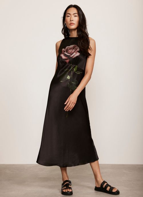 Black Satin Floral Print Midi...