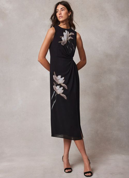 Black Floral Twist Waist Midi...