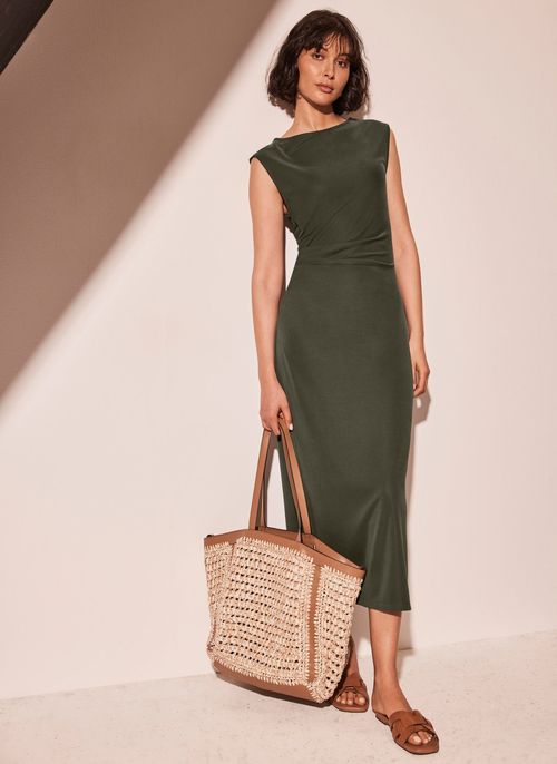 Khaki Jersey Column Midi Dress