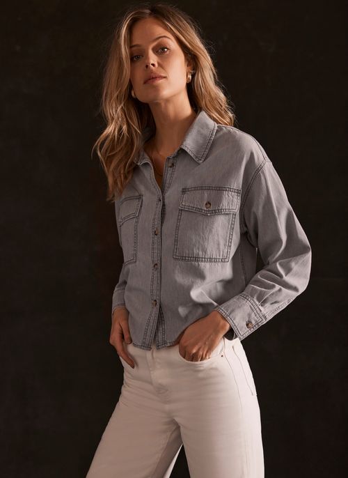 Grey Cropped Denim Shirt