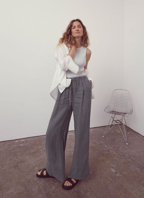 Grey Linen Wide Leg Trousers