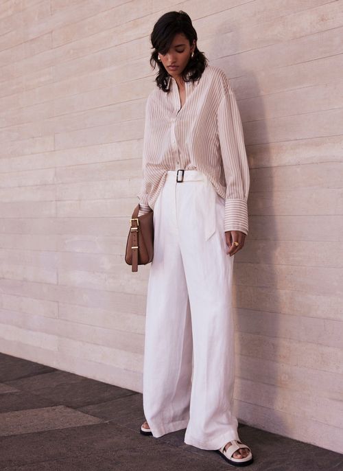 Cream Linen Belt Wide Trousers