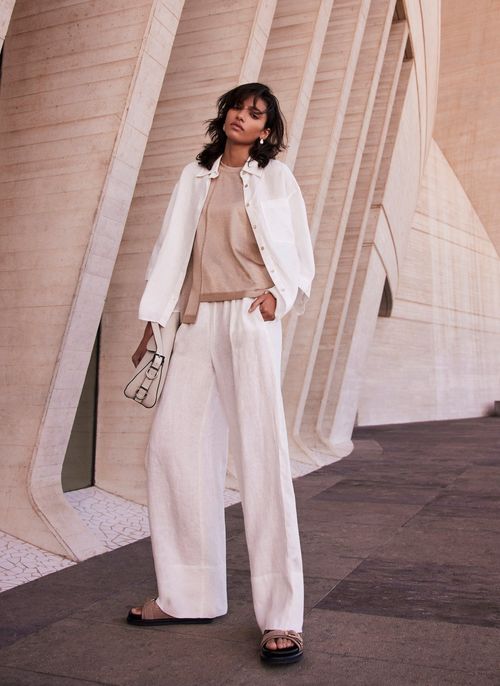 White Linen Wide Leg Trousers