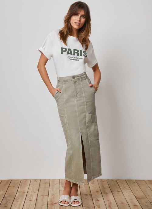 Khaki Cargo Denim Midi Skirt