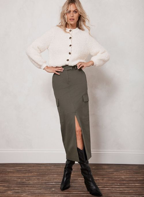 Khaki Cotton Cargo Skirt