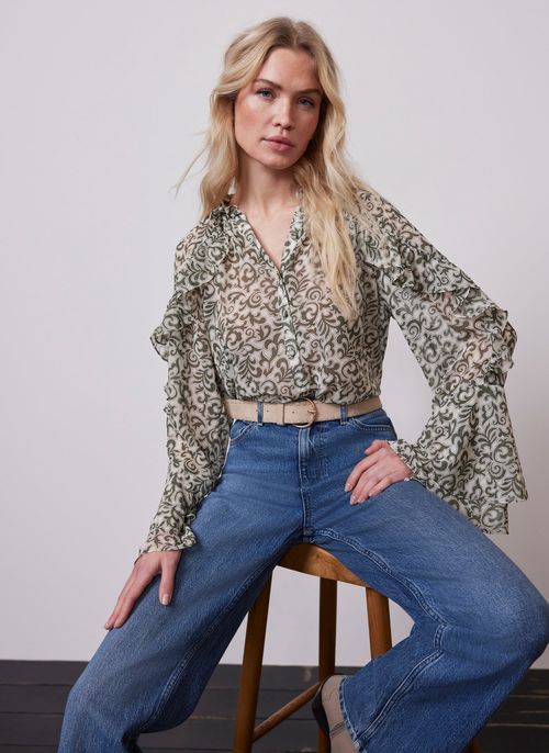 Khaki Print Ruffle Blouse