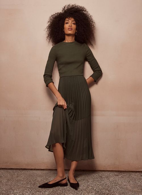 Khaki Jersey Pleat Midi Dress