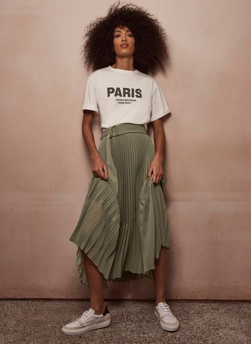 Khaki Pleated Midi Skirt