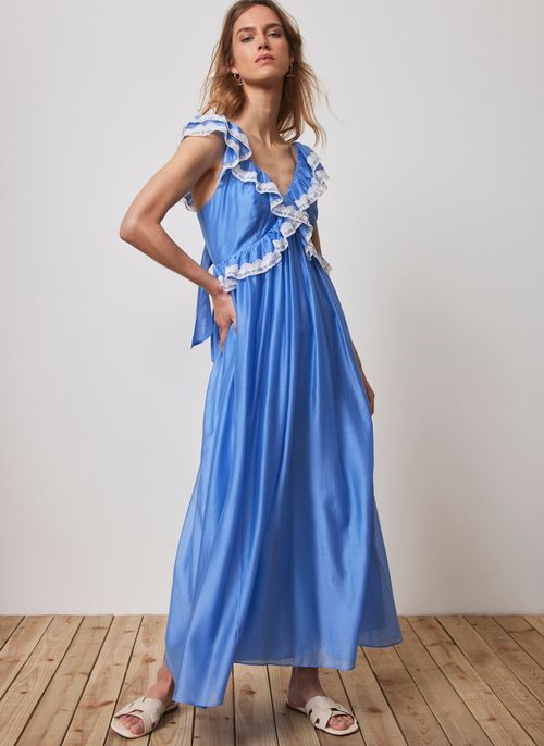 Blue Ruffle Lace Trim Midi...