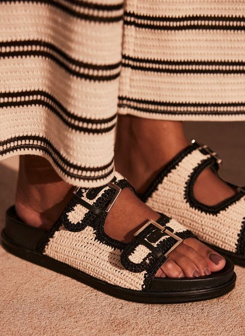 Black Leather Raffia Sandals