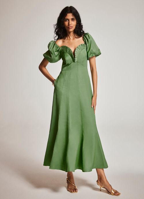 Green Puff Sleeve Maxi Dress