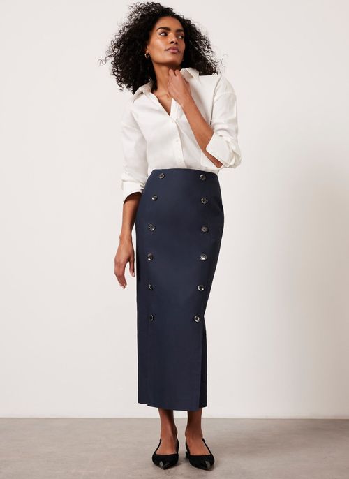 Navy Cotton Button Maxi Skirt