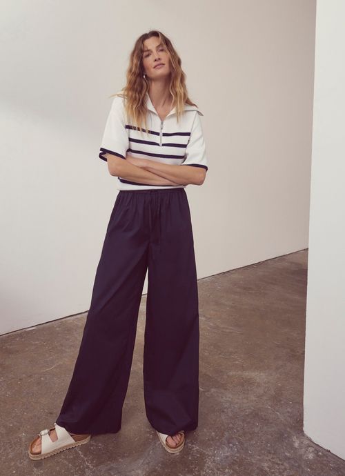 Navy Cotton Wide Trousers