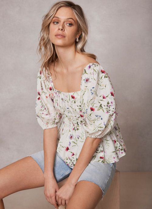 Neutral Floral Print Linen Top