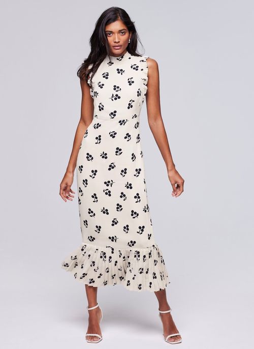 Cream Floral Pleated Midi...