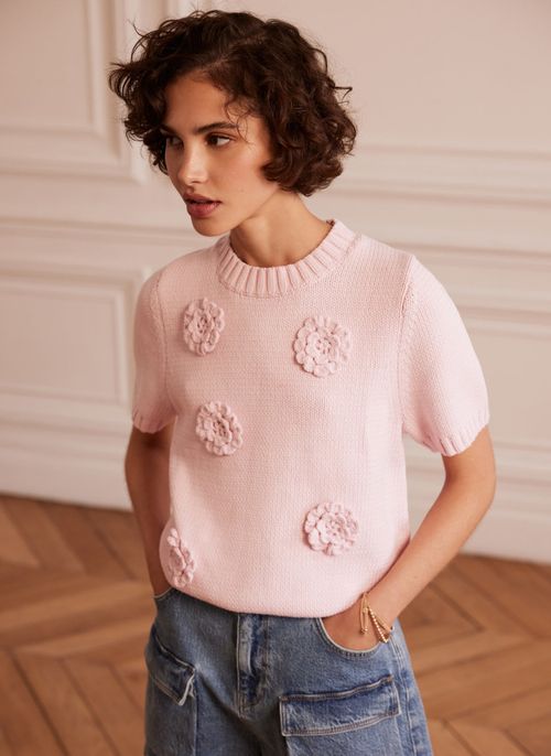 Pink Cotton Blend Flower Knit...