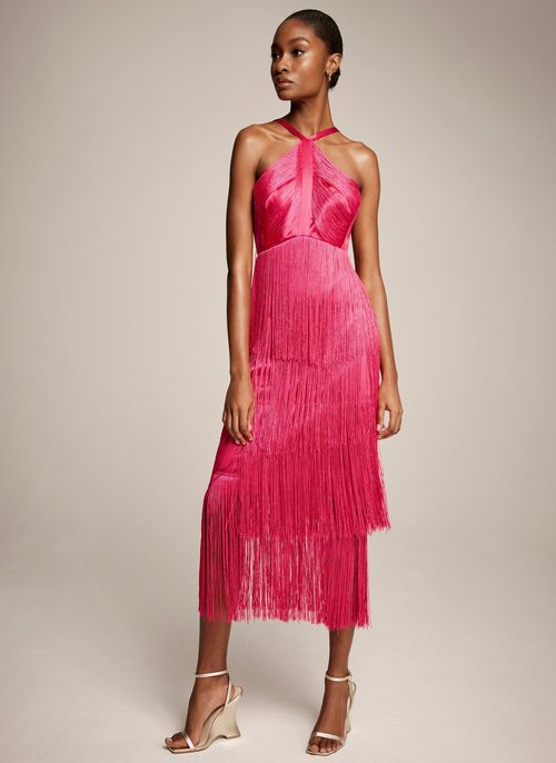 Pink Fringe Halter Midi Dress