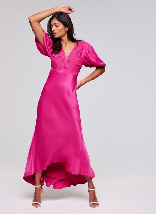 Pink Lace Puff Sleeve Maxi...