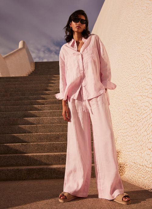 Pink Linen Wide Leg Trousers