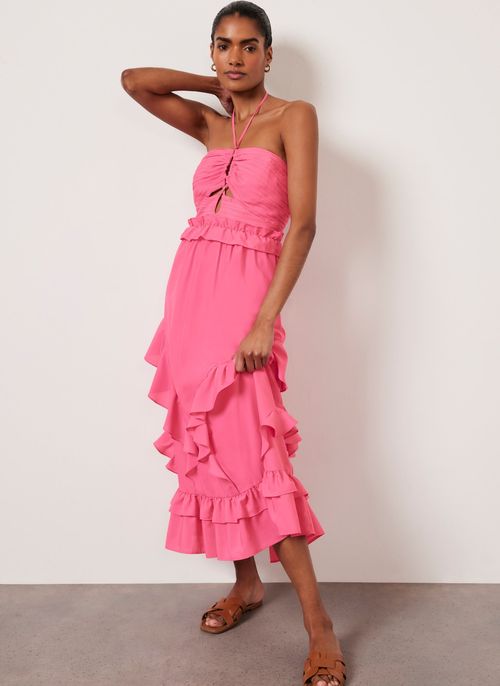 Pink Ruffle Halter Midi Dress