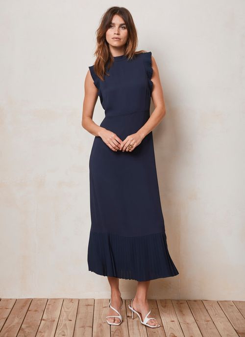 Navy Pleated Trim Midi Dress