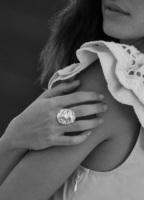 Silver Tone Hammered Disc Ring