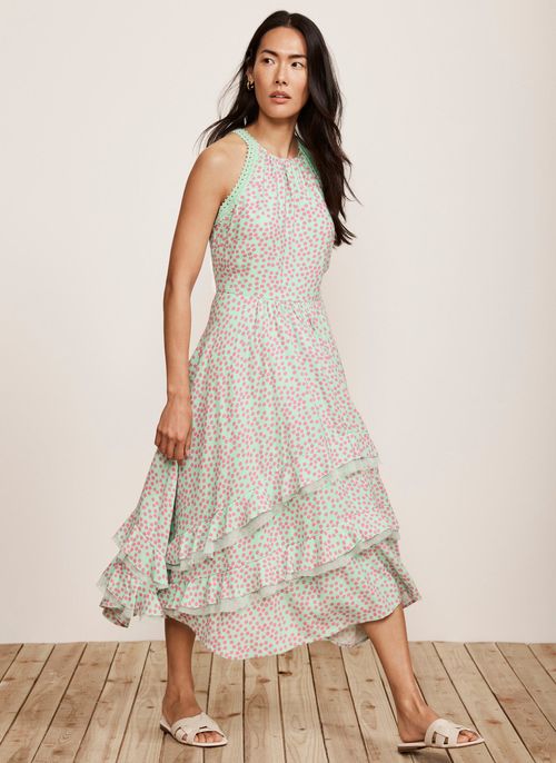 Green Spot Print Tiered Midi...