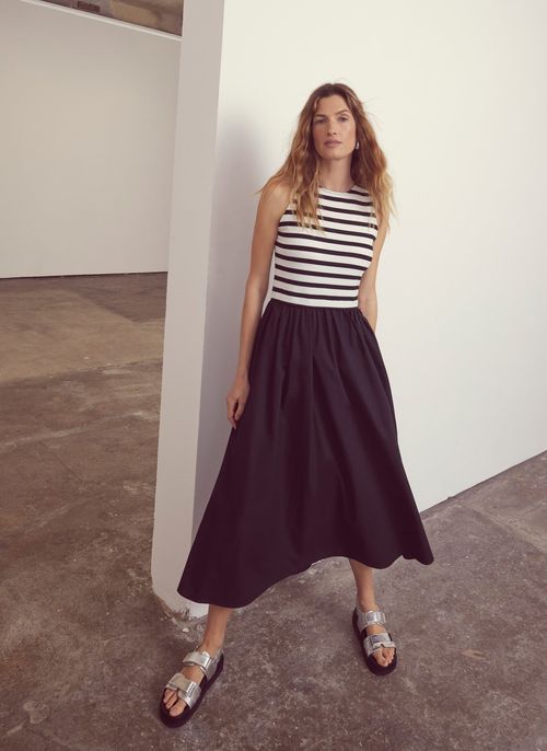 Navy Striped Jersey Midi Dress