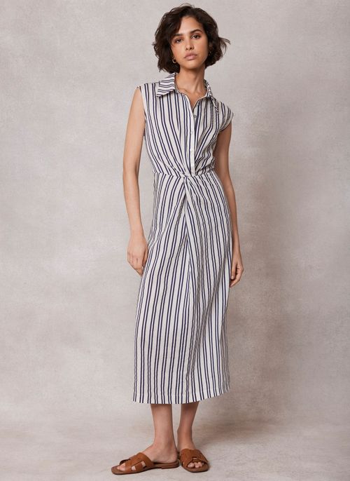 White Striped Twist Midi Dress