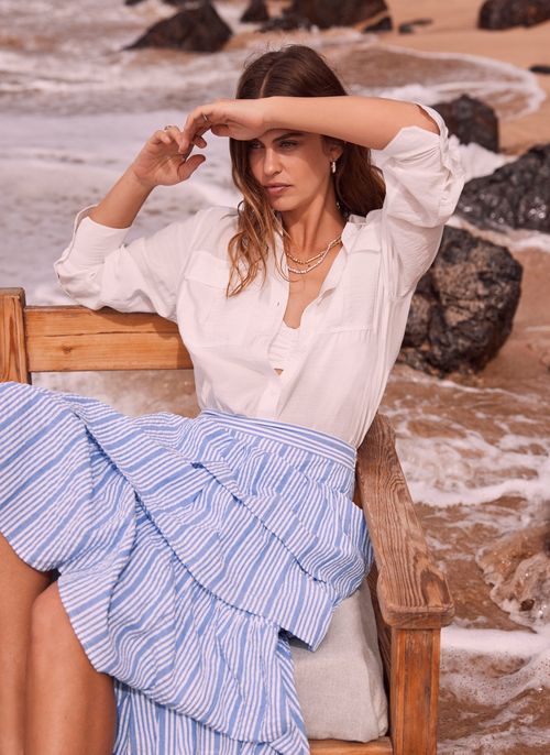 Blue Striped Tiered Midi Skirt