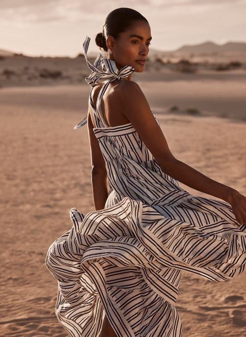 White Striped Tie Midi Dress