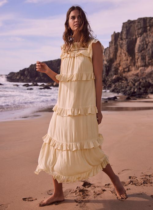 Yellow Tiered Ruffle Midi...