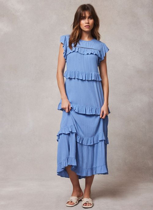 Blue Tiered Ruffle Midi Dress