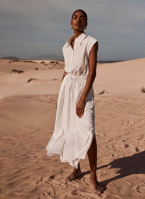 White Cotton Tie Maxi Skirt