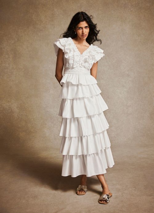 White Cotton Tiered Ruffle...