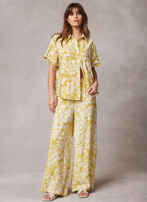 Yellow Floral Print Wide Leg...