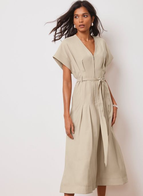 Beige Belted Zip Midi Dress