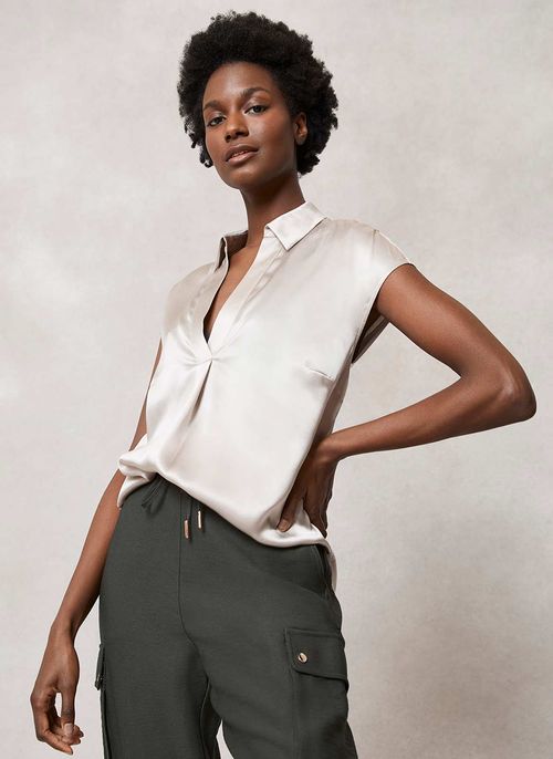 Beige Silk V-Neck Top