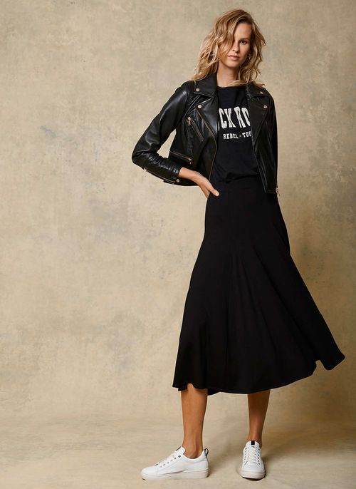 Black Flared Jersey Midi Skirt