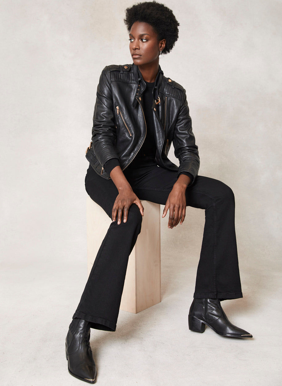 Leather jacket mint velvet top