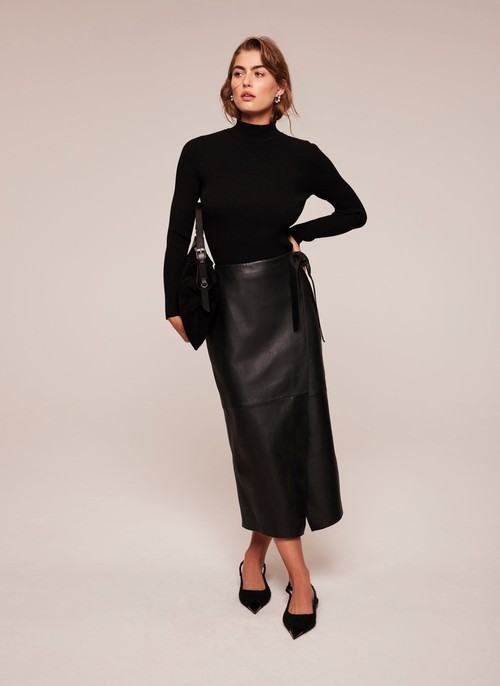 Black Leather Tie Midi Skirt