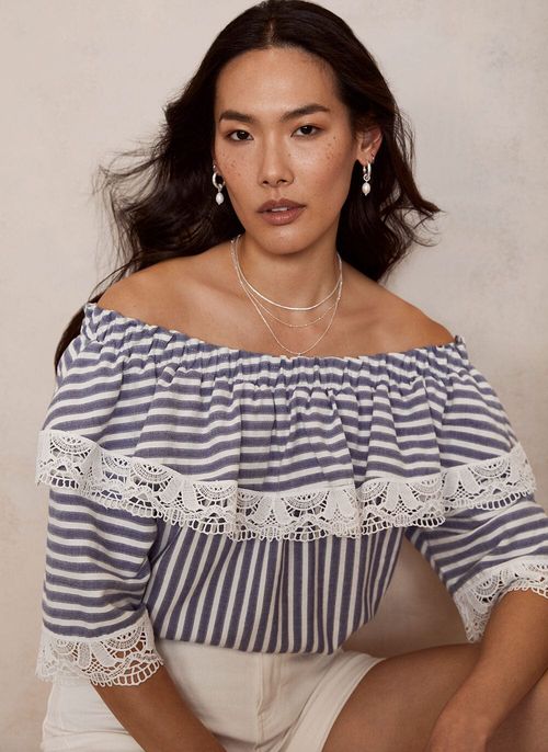 Blue Striped Bardot Top