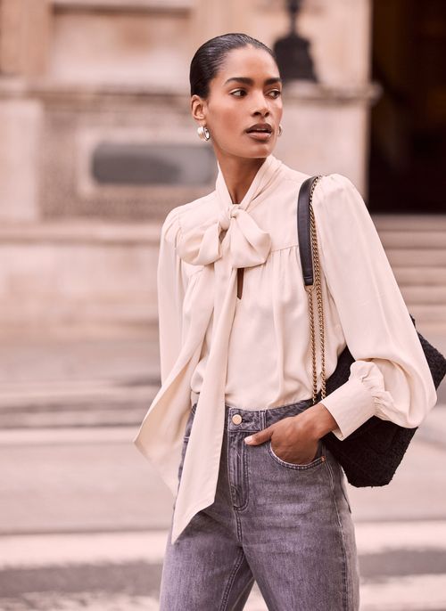 Cream Satin Bow Blouse