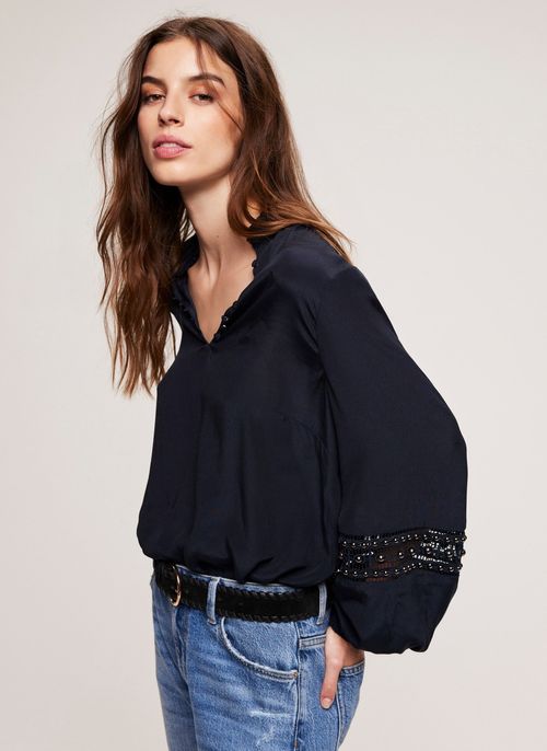 Navy Beaded High Neck Top