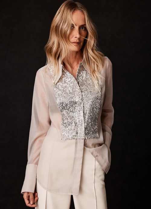 Neutral Sequin Panel Shirt